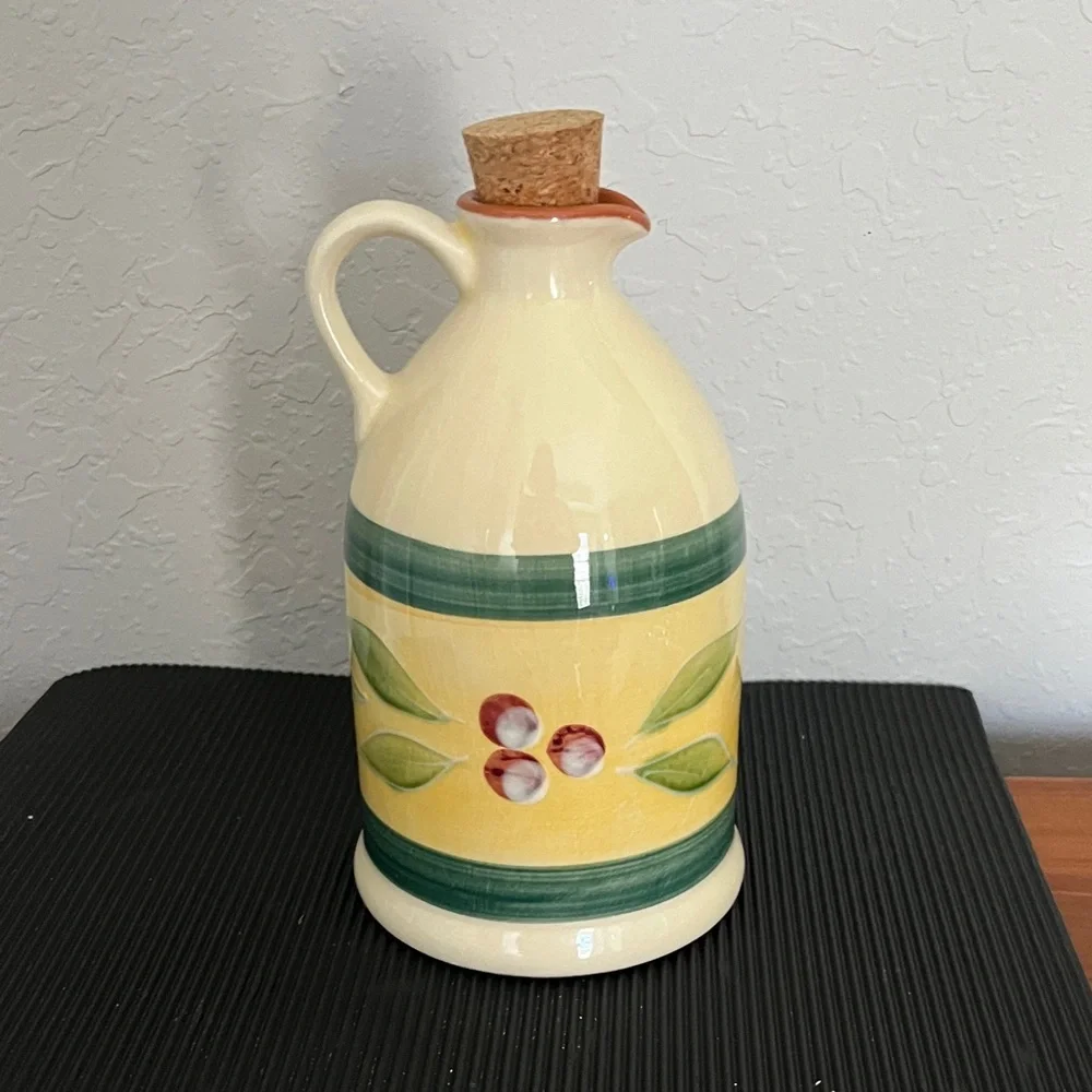 Crate&Barrel Yellow and Green Hand-Painted Ceramic Oil Cruet